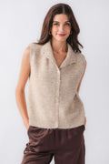 Taupe button-front sweater vest with ribbed cuffs and hem