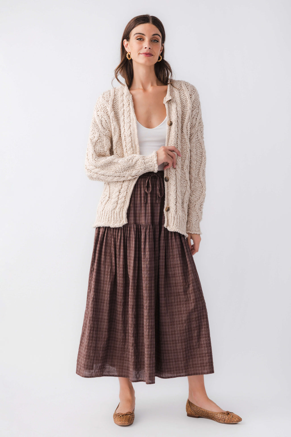 Brown plaid maxi skirt with tiered panels and elastic waistband