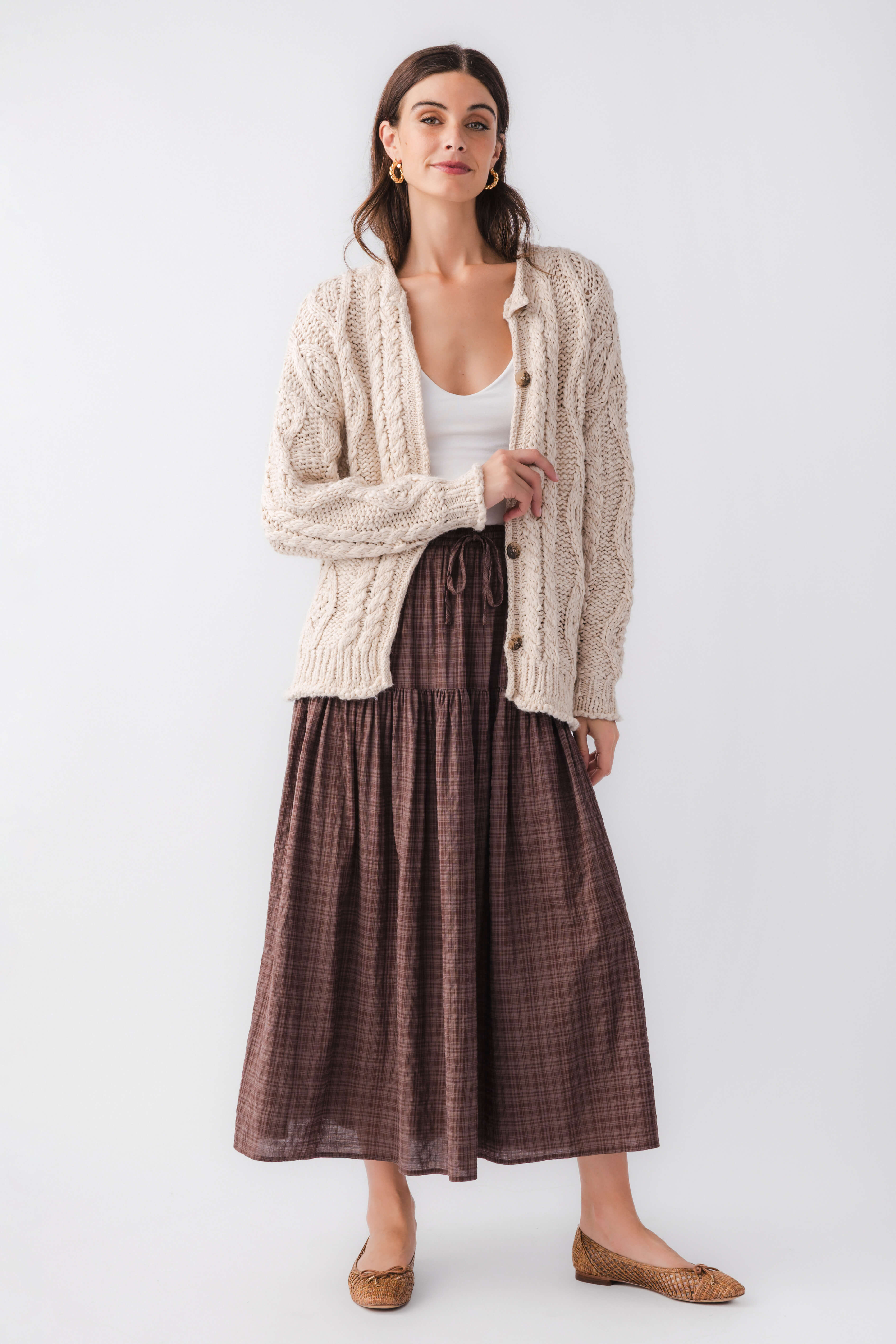 Brown plaid maxi skirt with tiered panels and elastic waistband