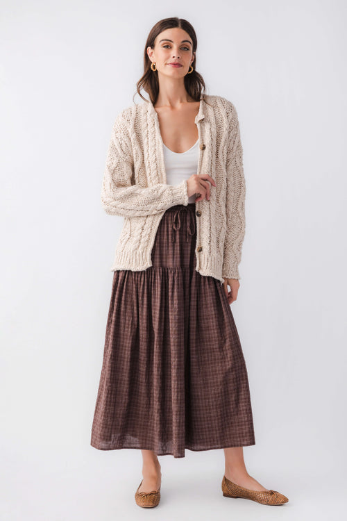 Brown plaid maxi skirt with tiered panels and elastic waistband