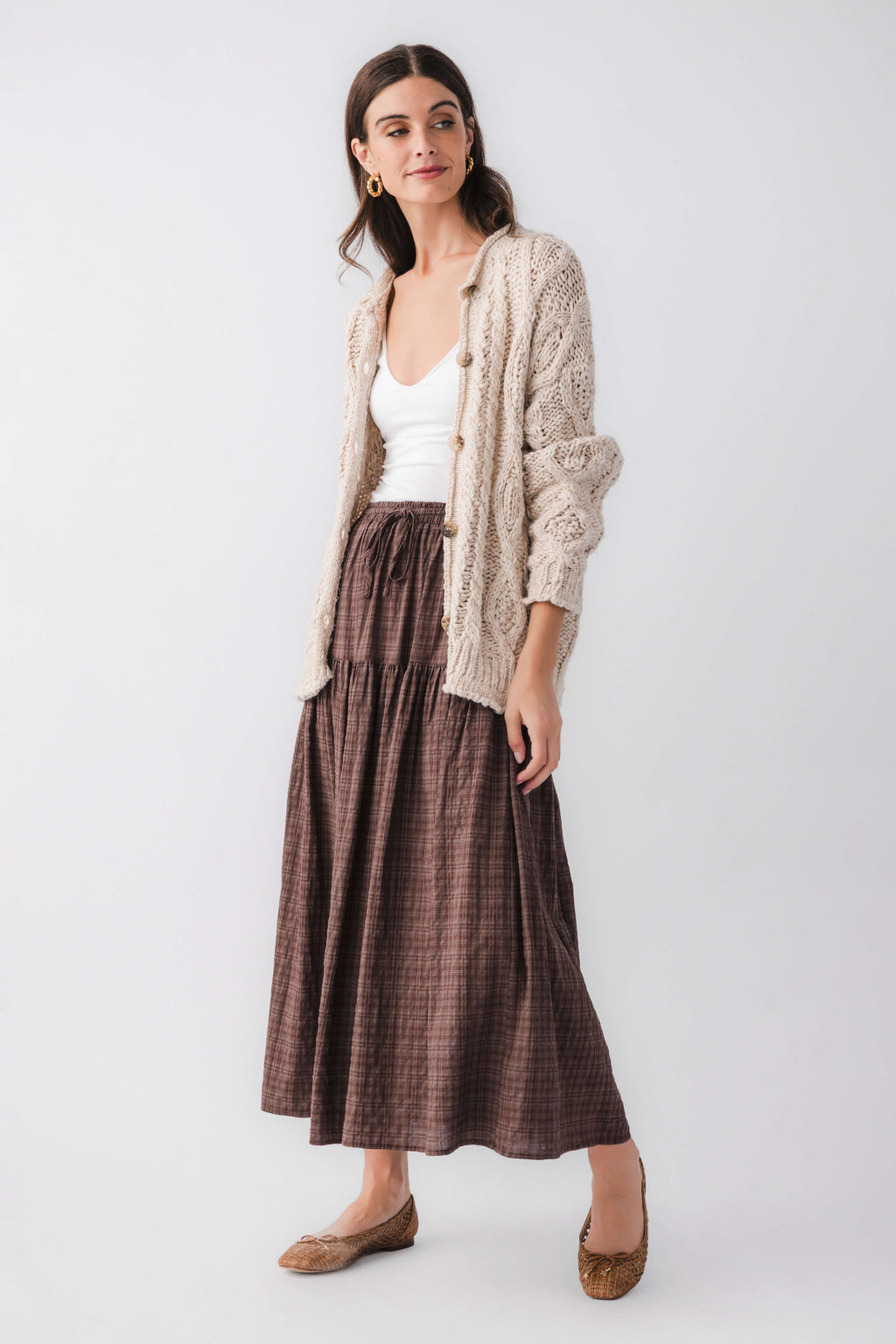 Brown plaid tiered maxi skirt with elastic waist and gathered bands