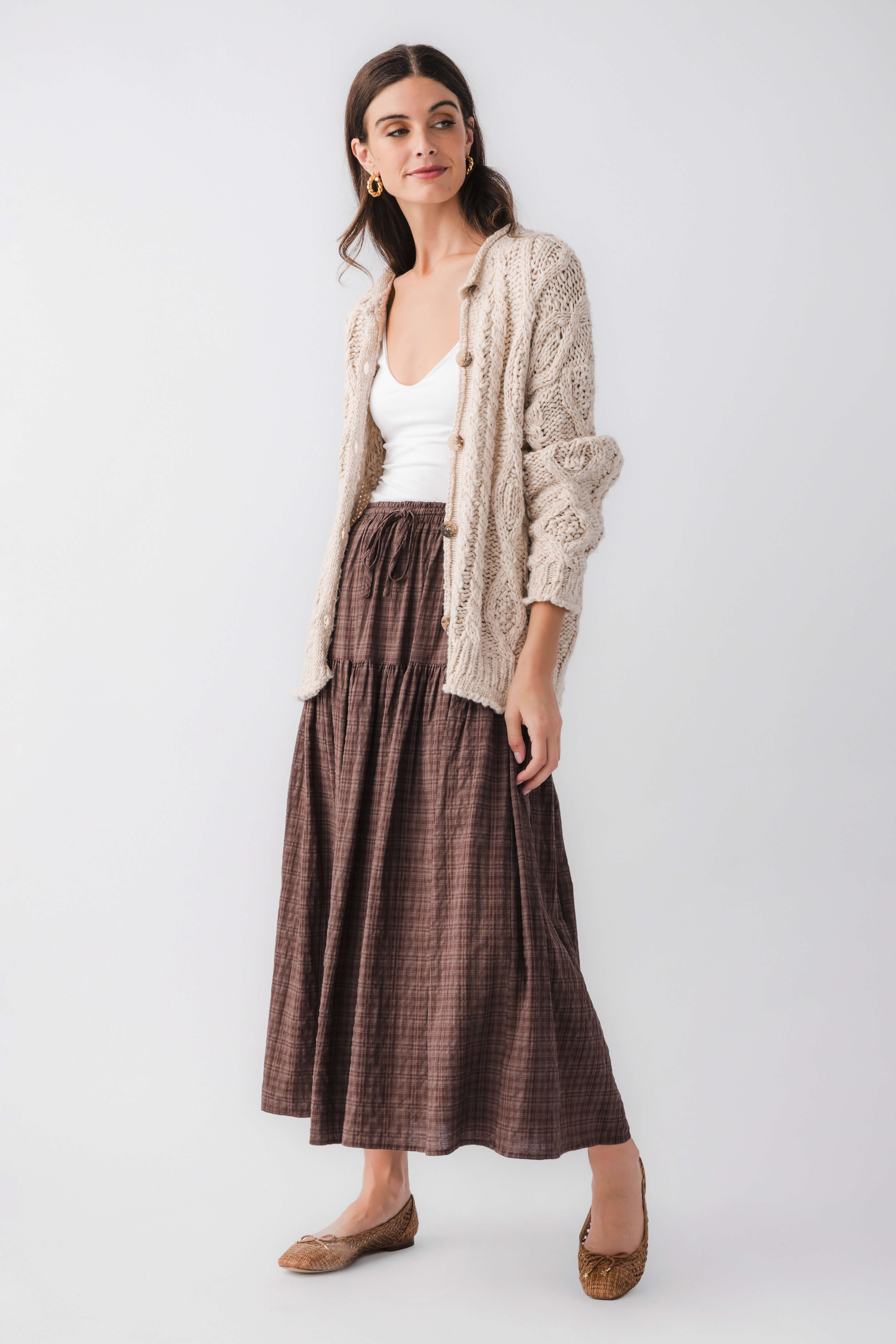 Brown plaid tiered maxi skirt with elastic waist and gathered bands