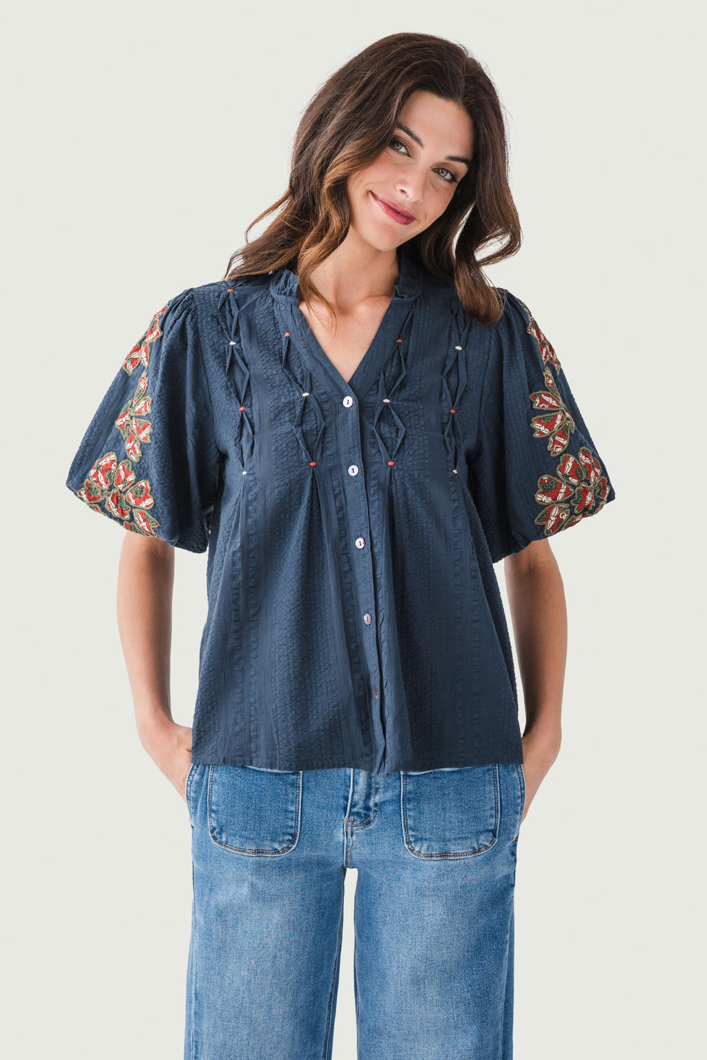 THML Pintuck Embroidered Puff Sleeve Top