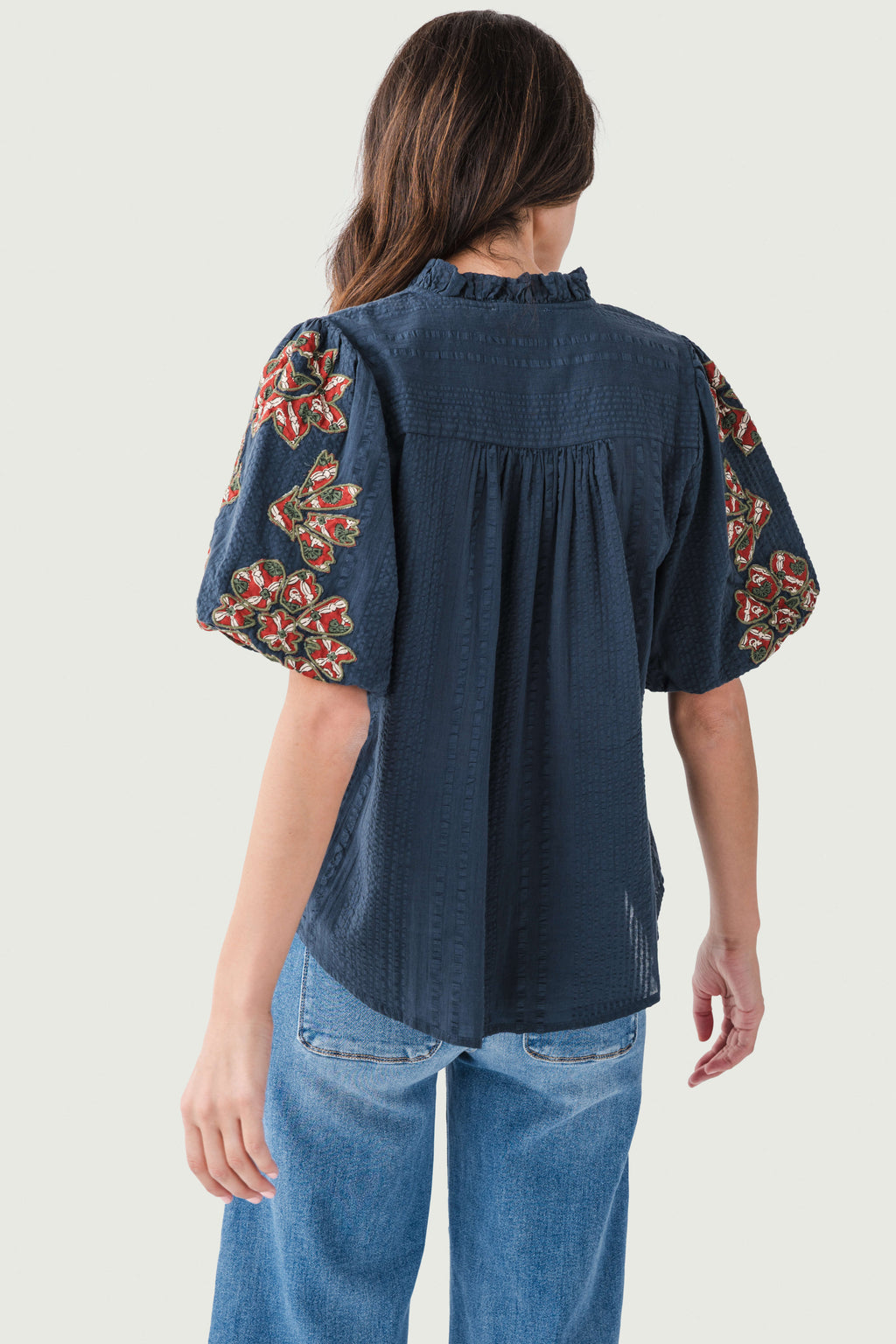THML Pintuck Embroidered Puff Sleeve Top