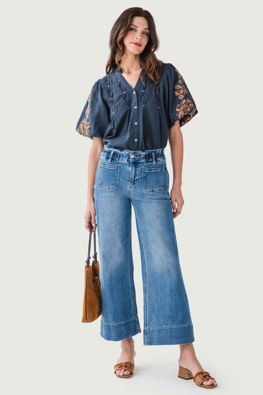 THML Pintuck Embroidered Puff Sleeve Top