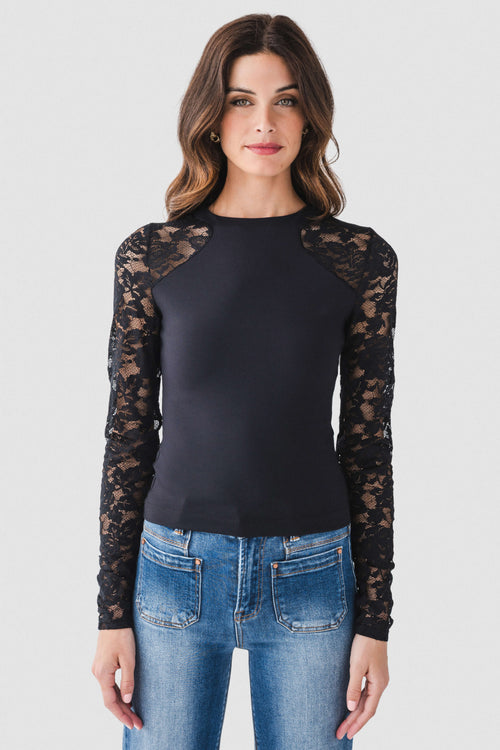 Black fitted long-sleeve tee with floral lace sleeves and crew neck
