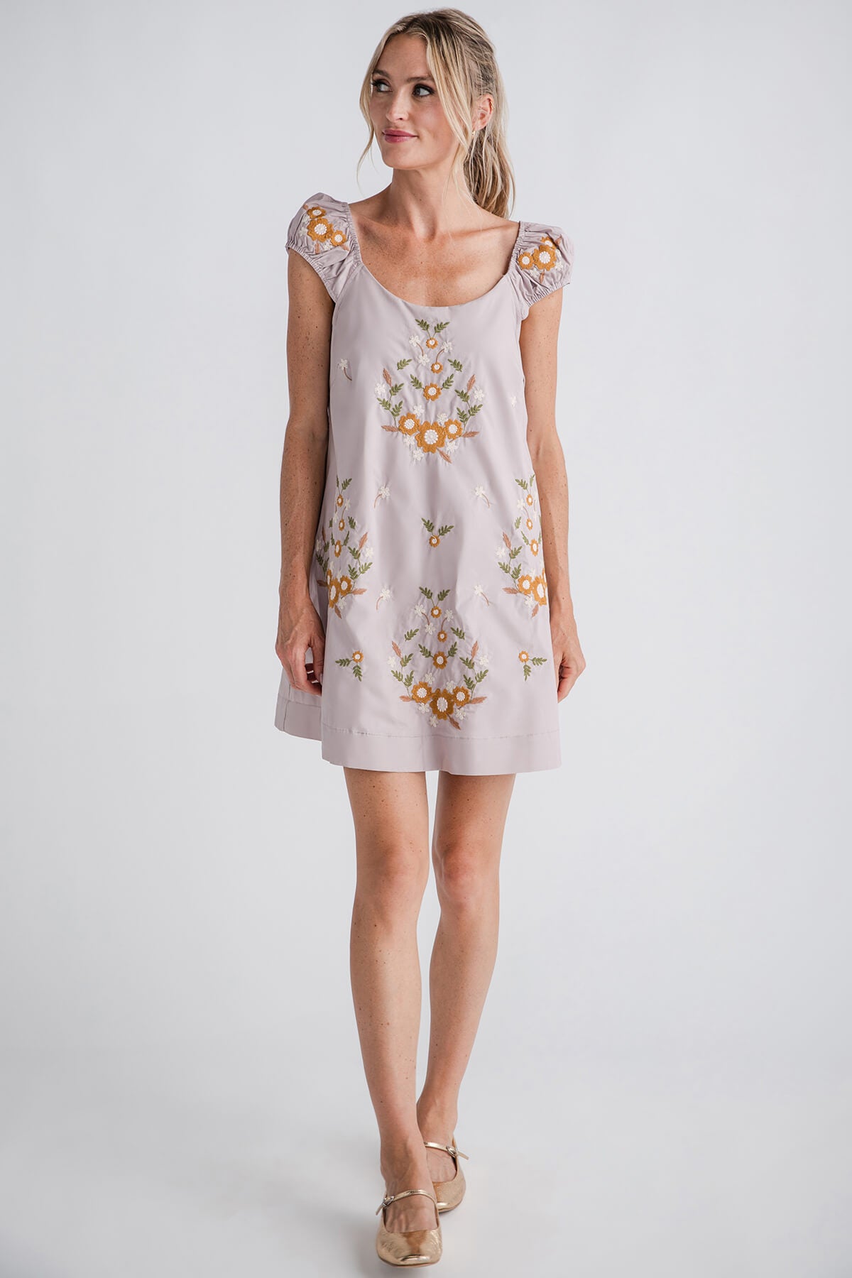 Mable Cap Ruched Sleeve Embroidered Mini Dress Social Threads