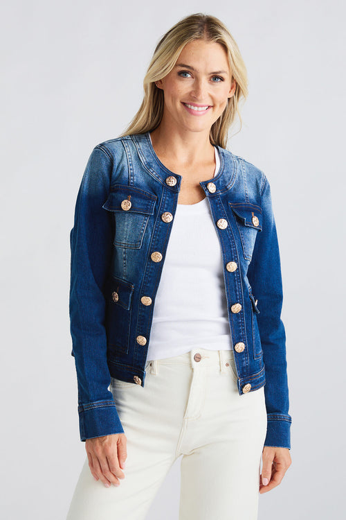 Fate No Collar Button Front Utility Denim Jacket