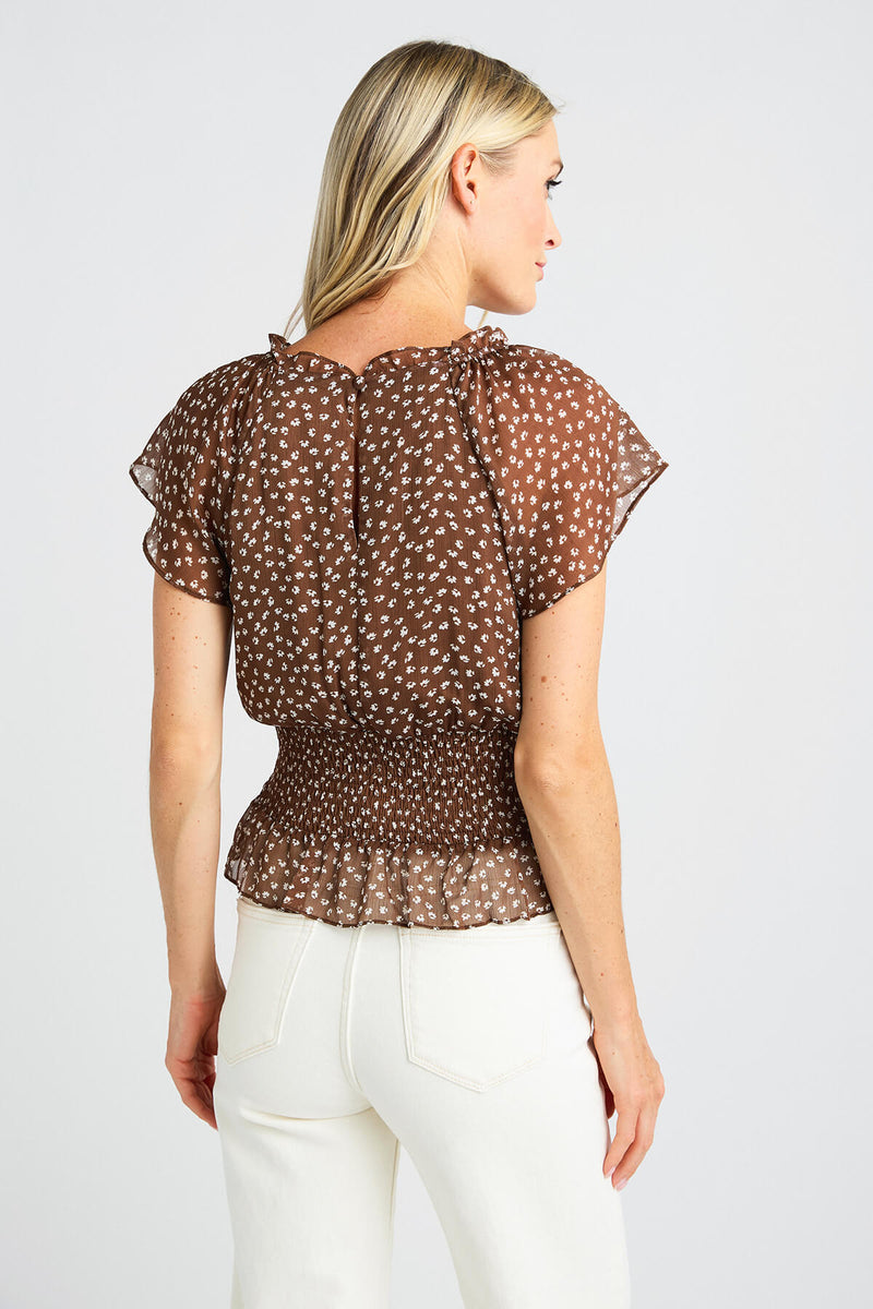 Promesa Floral Surplice Flutter Sleeve Smocked Top
