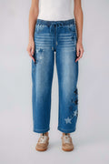 Women's relaxed barrel jeans with pull-on elastic waist and drawstring, star print patches