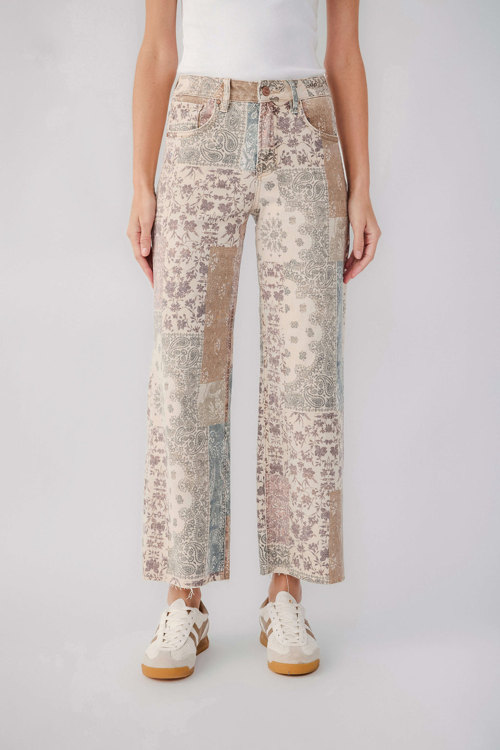 High-rise wide-leg patchwork paisley pants in earth tones