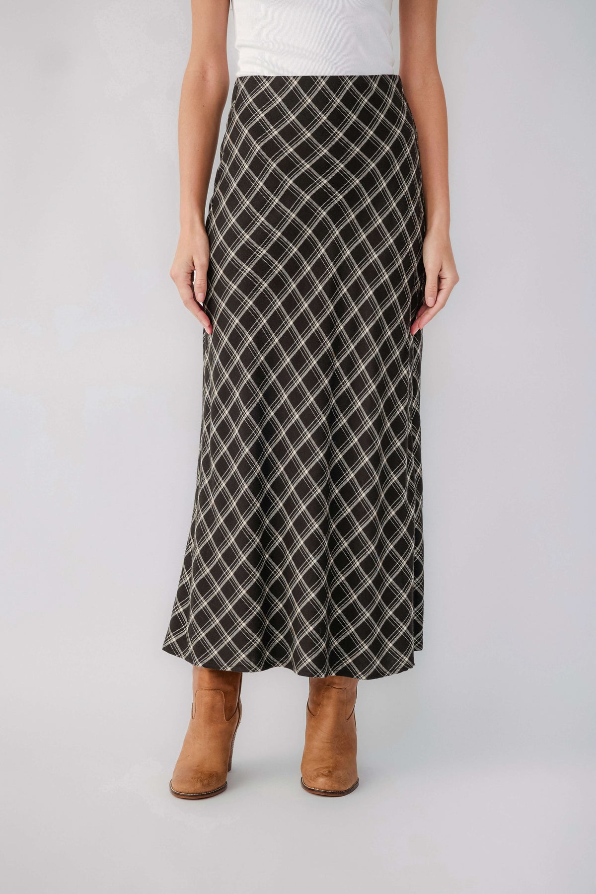 Z Supply Europa plaid midi skirt, black and white lattice check design