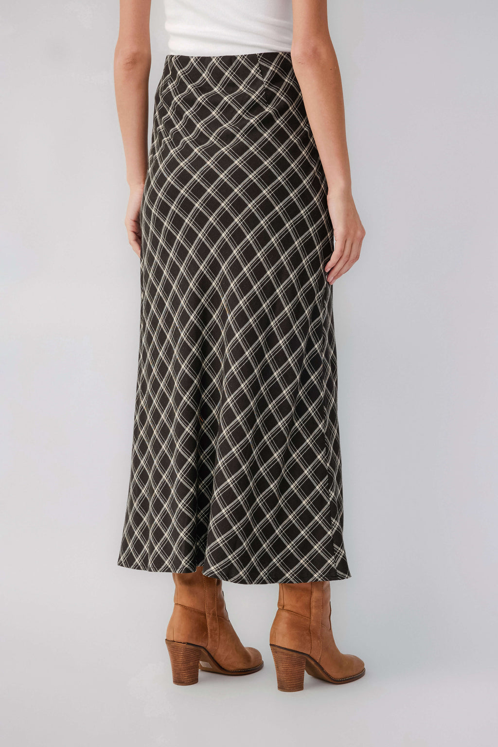 Z Supply Europa plaid midi skirt, black base with white lattice check, back view