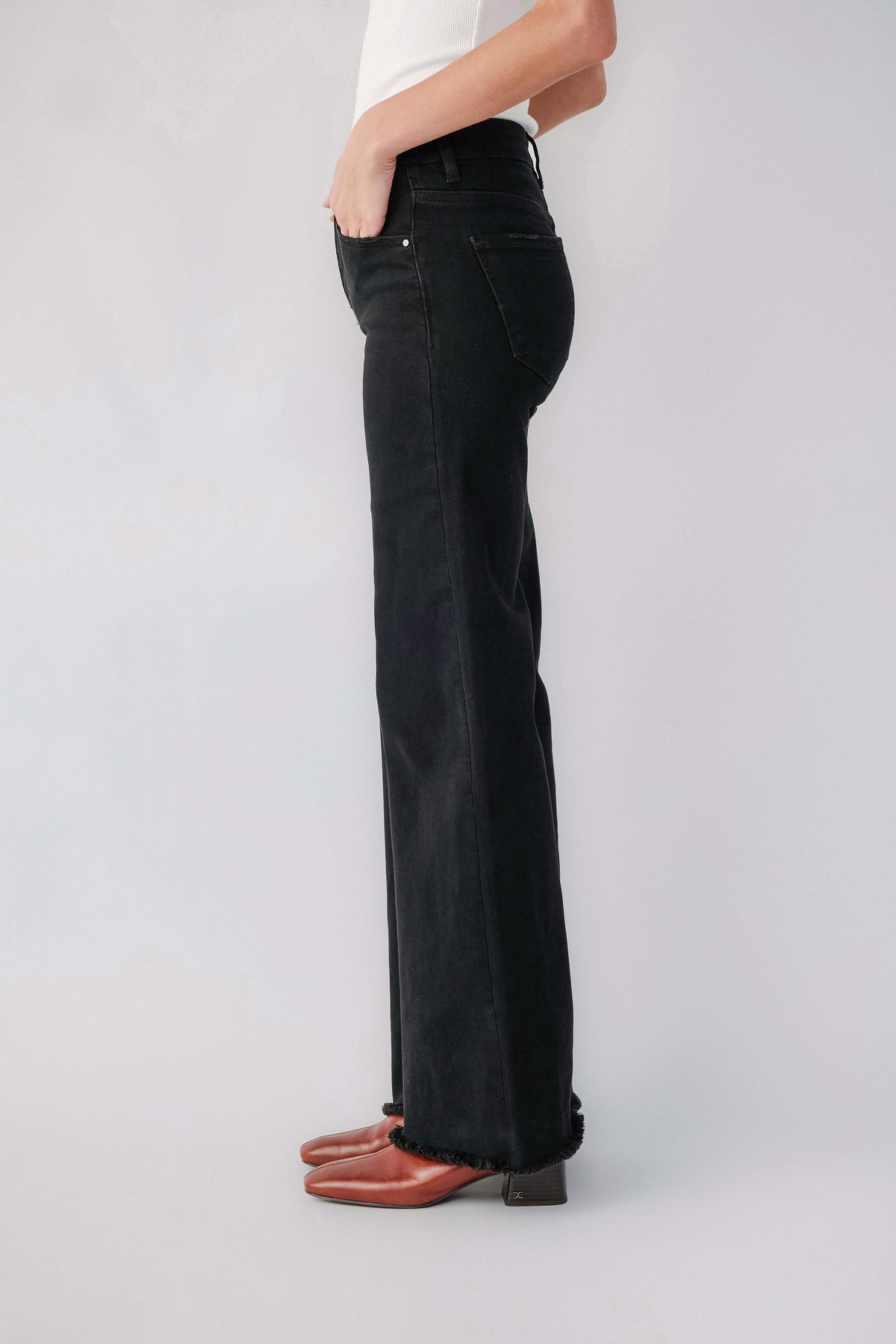 Black high-rise wide-leg jeans with raw hem and five-pocket styling