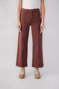 High-rise wide-leg ankle jeans in choco brown, front button and belt loops