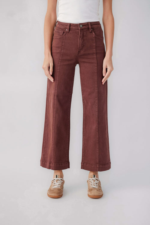 High-rise wide-leg ankle jeans in choco brown, front button and belt loops