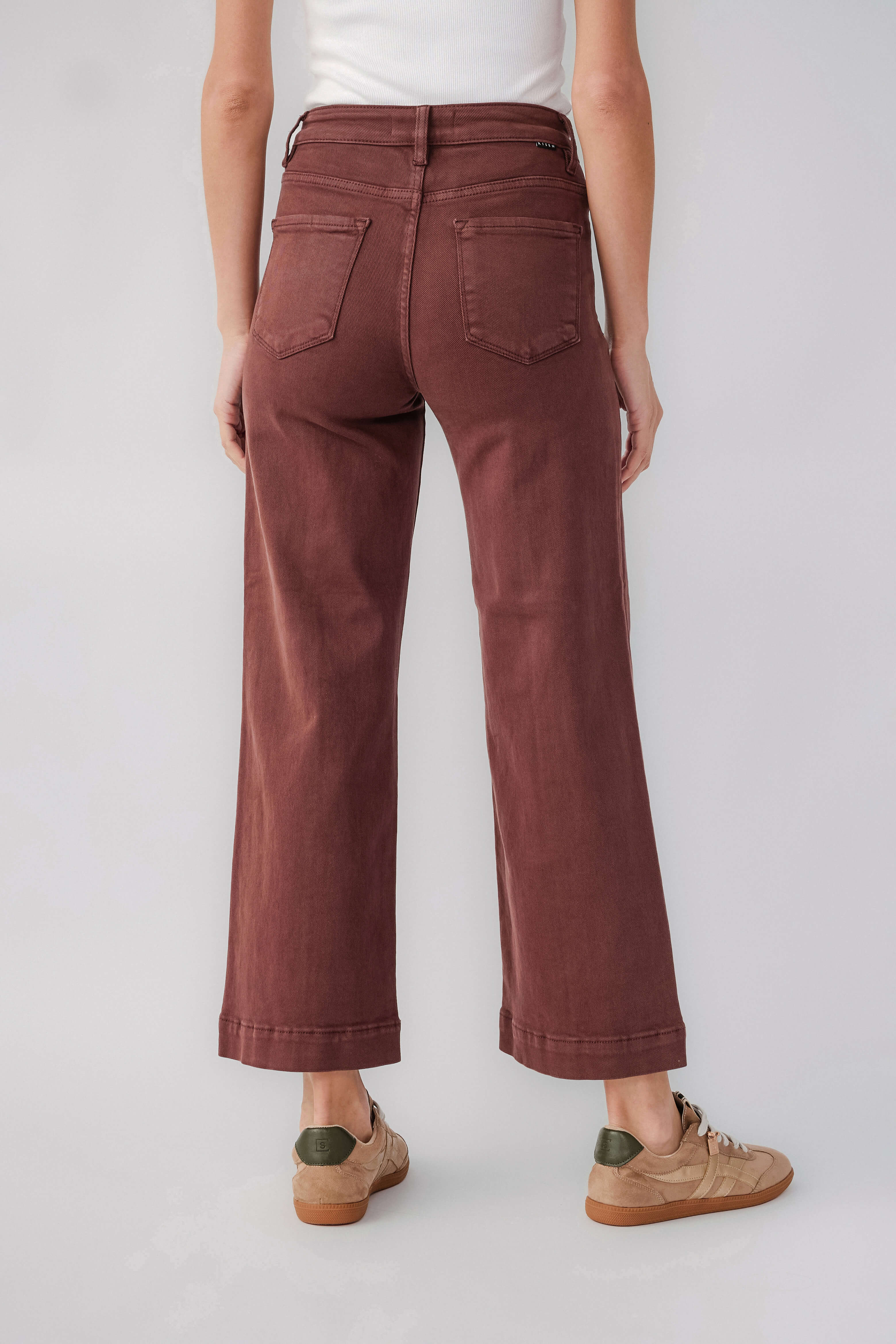 High-rise front-seam wide-leg ankle jeans in choco brown, back pocket detail