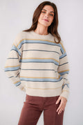 Striped knit sweater with crew neck and blue/yellow horizontal stripes