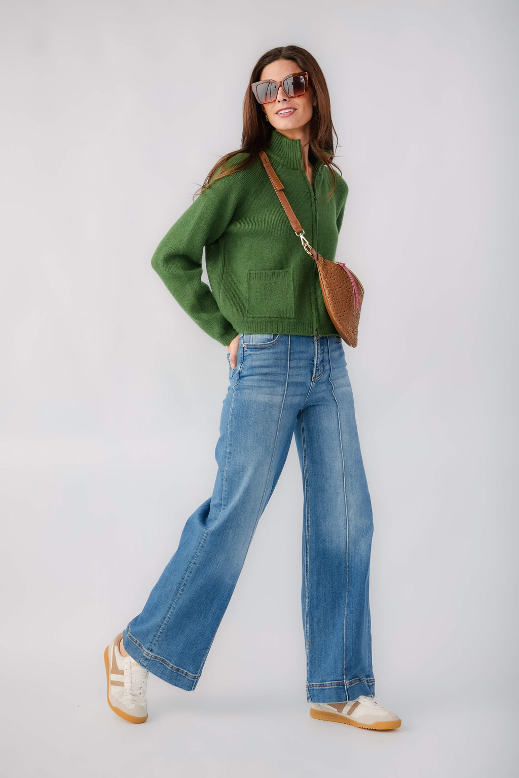 Forest green half-zip knit sweater, long sleeves, front zipper