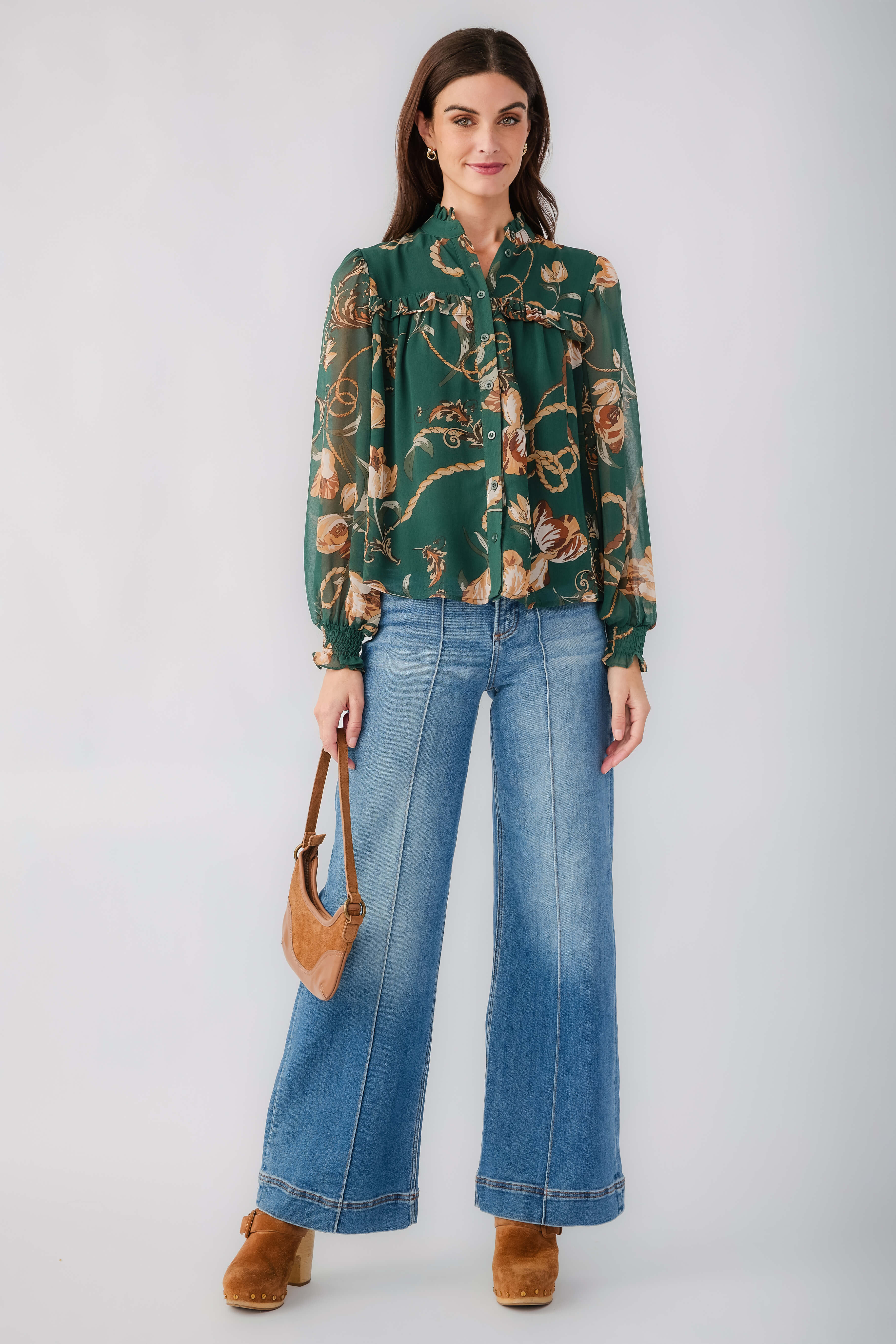 Women's dark green chain floral print button-up top with long sleeves