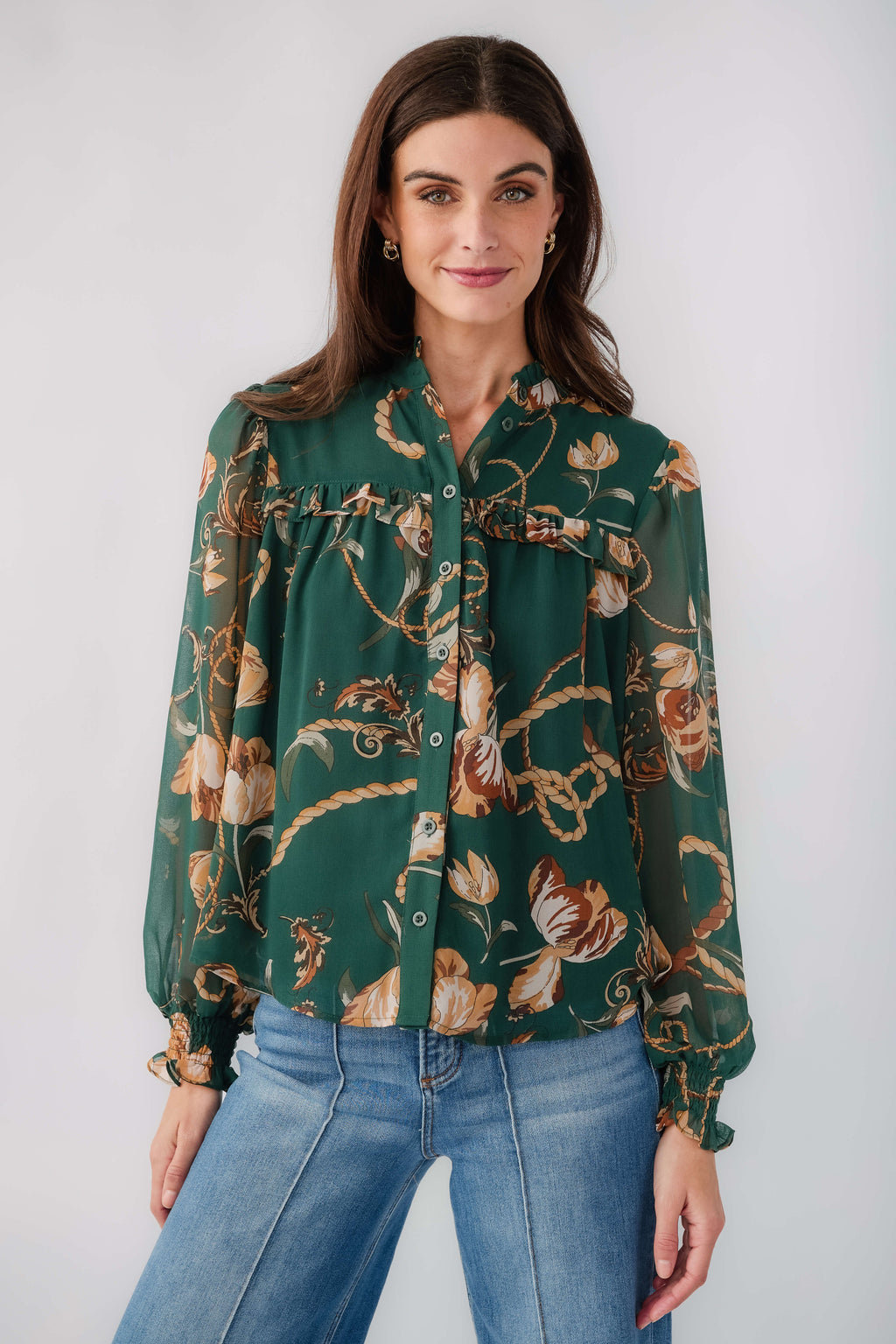 Women's dark green chain floral print button-up top with long sleeves and button placket