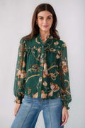 Women's dark green chain floral print button-up top with long sleeves and button placket