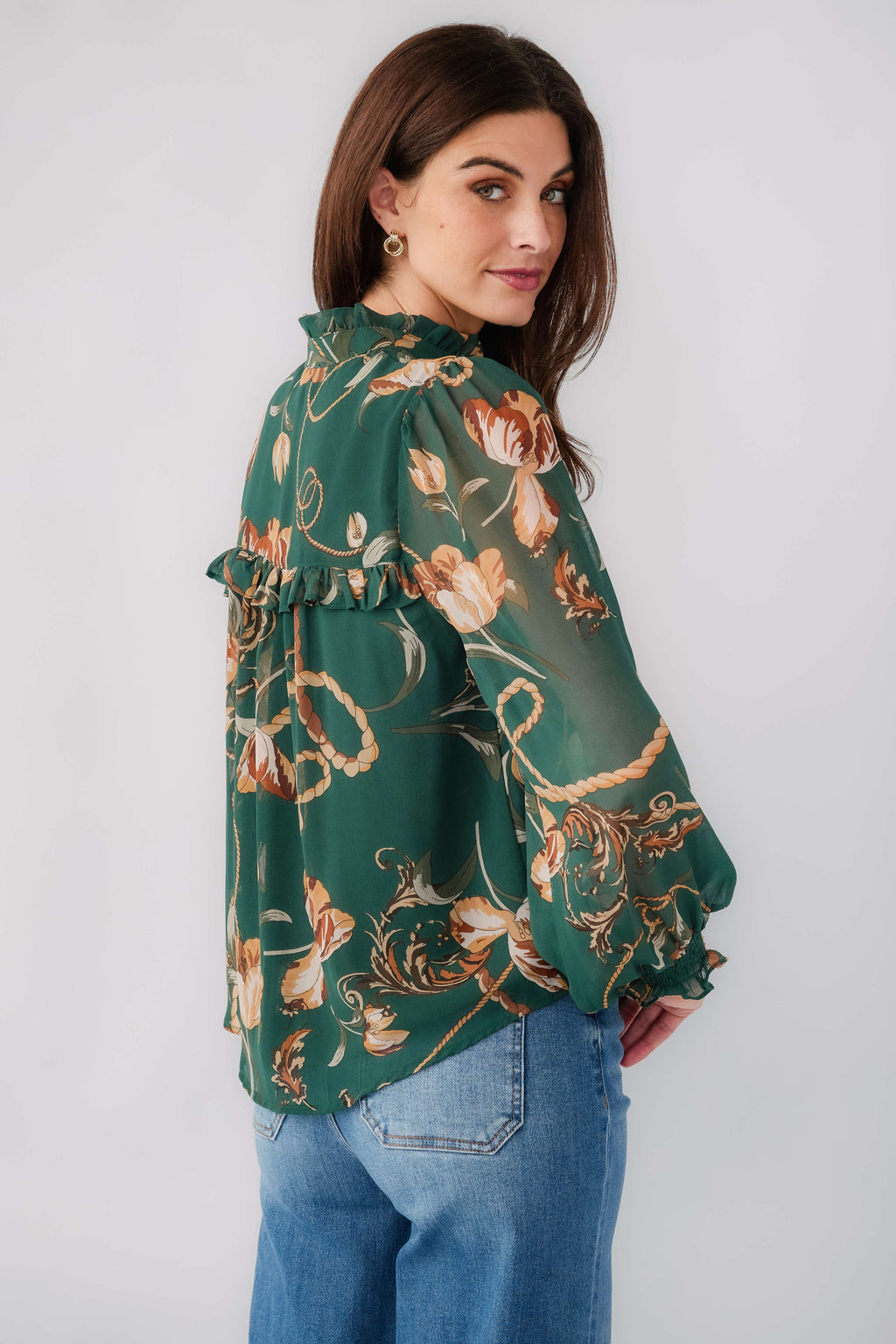 Women's dark green chain floral print button-up top with ruffled cuffs and long sleeves