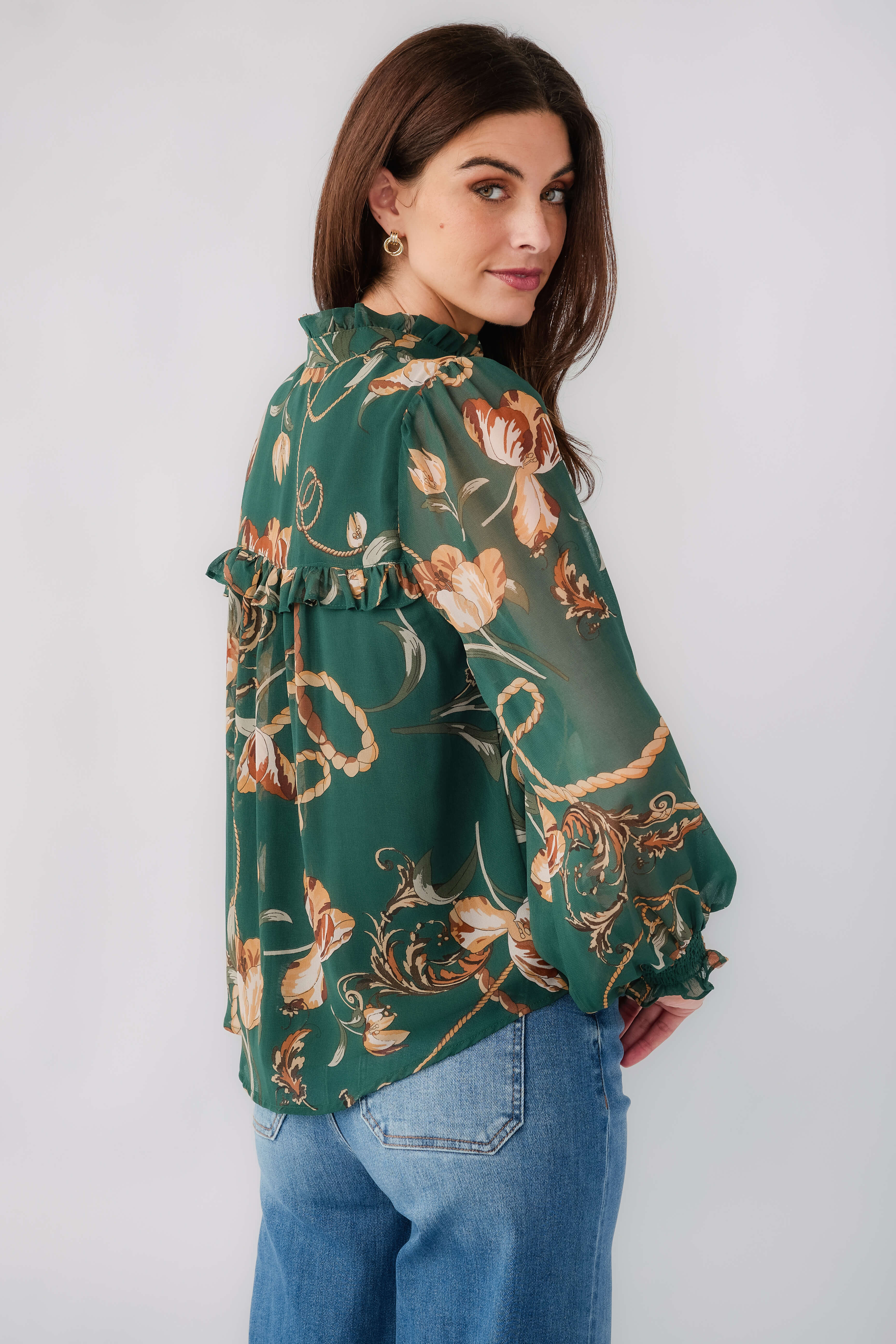 Women's dark green chain floral print button-up top with ruffled cuffs and long sleeves