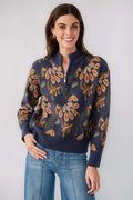 Dark denim 1/4 zip sweater with floral print, quarter-zip neckline and long sleeves
