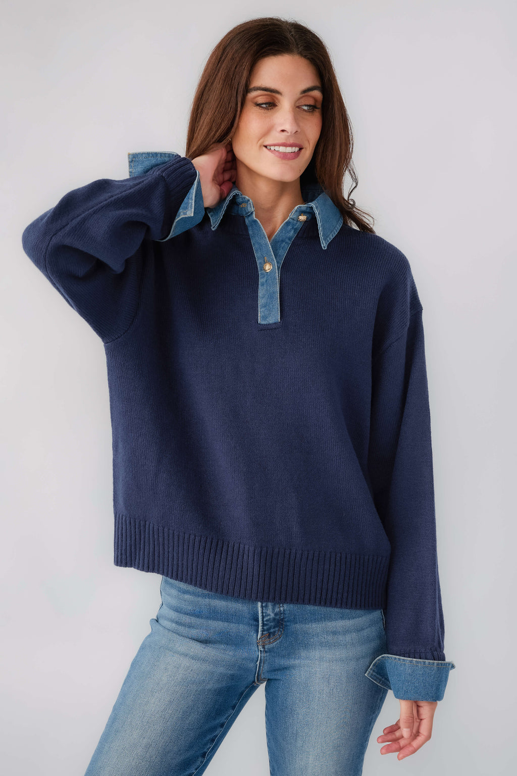 Navy denim polo sweater, long sleeves with contrast chambray buttoned neckline
