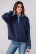 Navy denim polo sweater, long sleeves with contrast chambray buttoned neckline
