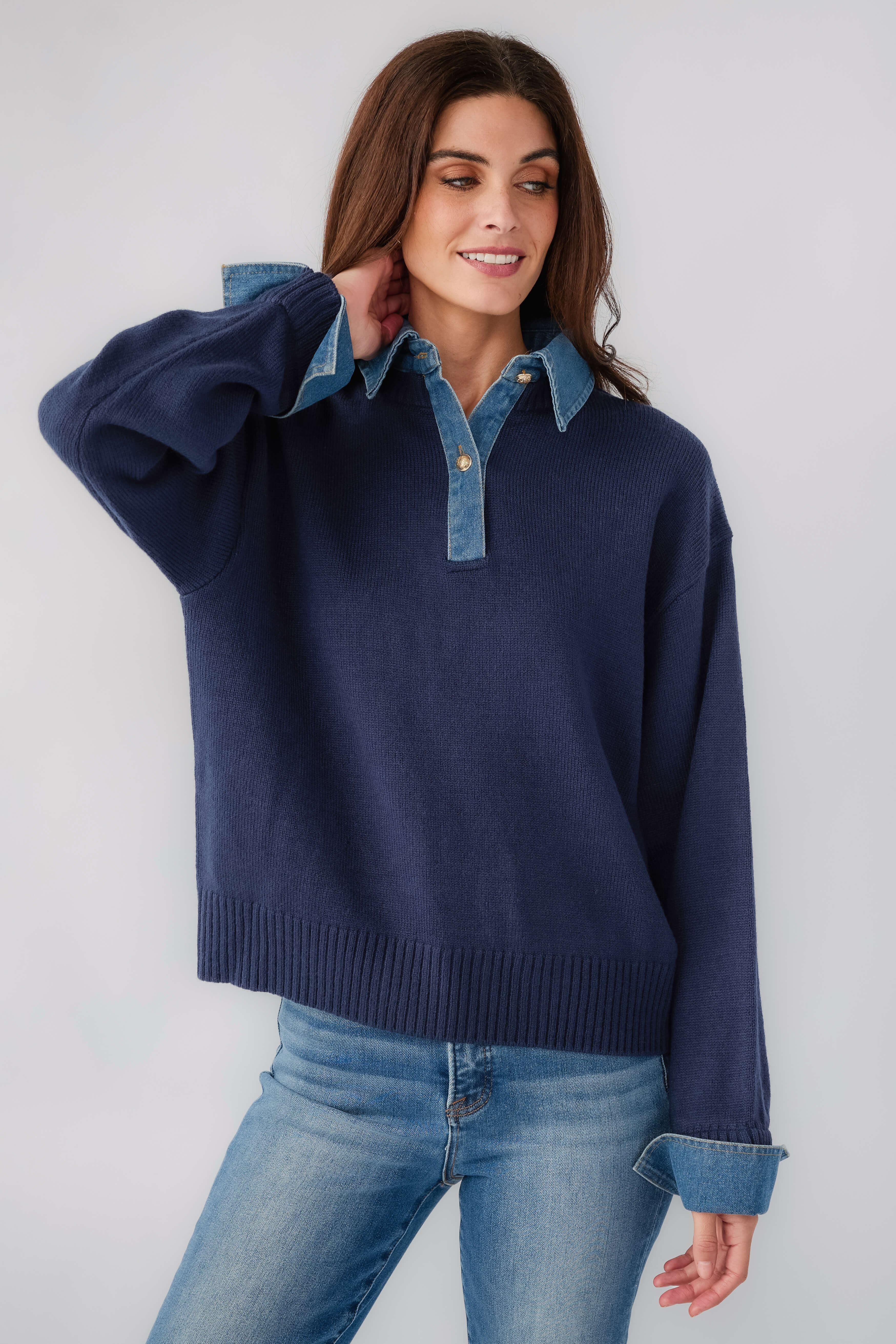 Navy denim polo sweater, long sleeves with contrast chambray buttoned neckline