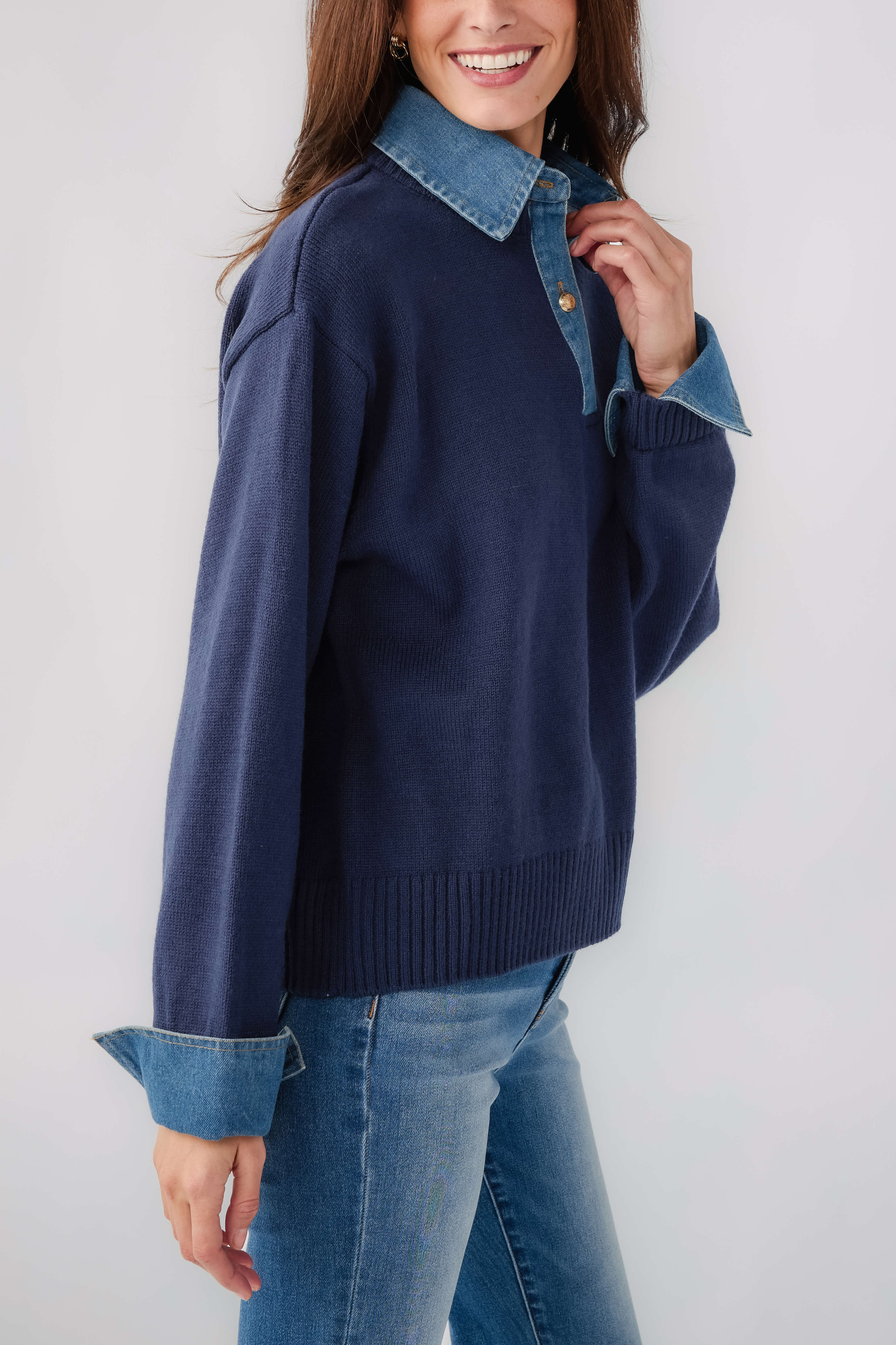 Navy denim polo sweater with contrast chambray collar and ribbed hem