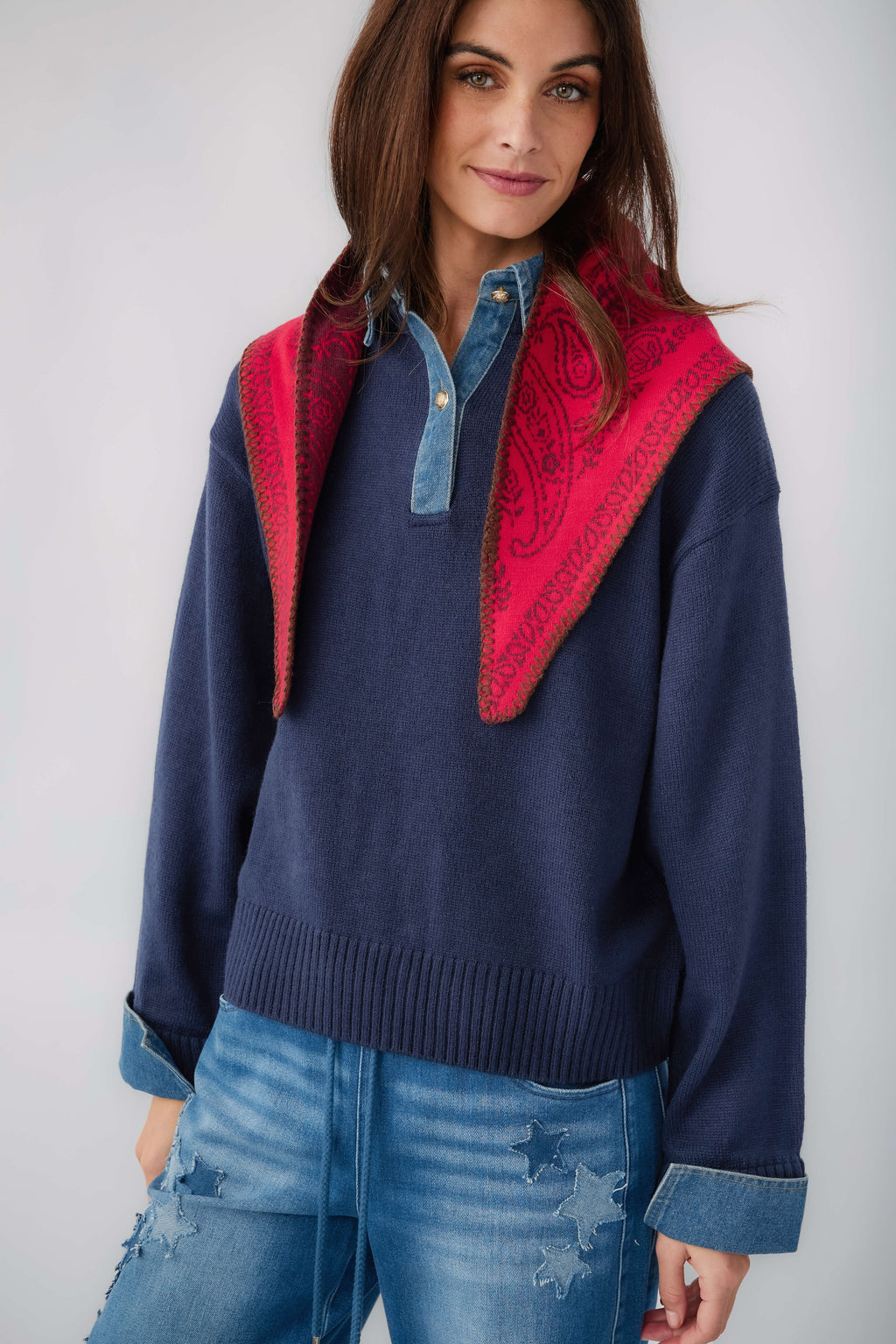 Free People knitted triangle scarf, red paisley with dark-blue top backing