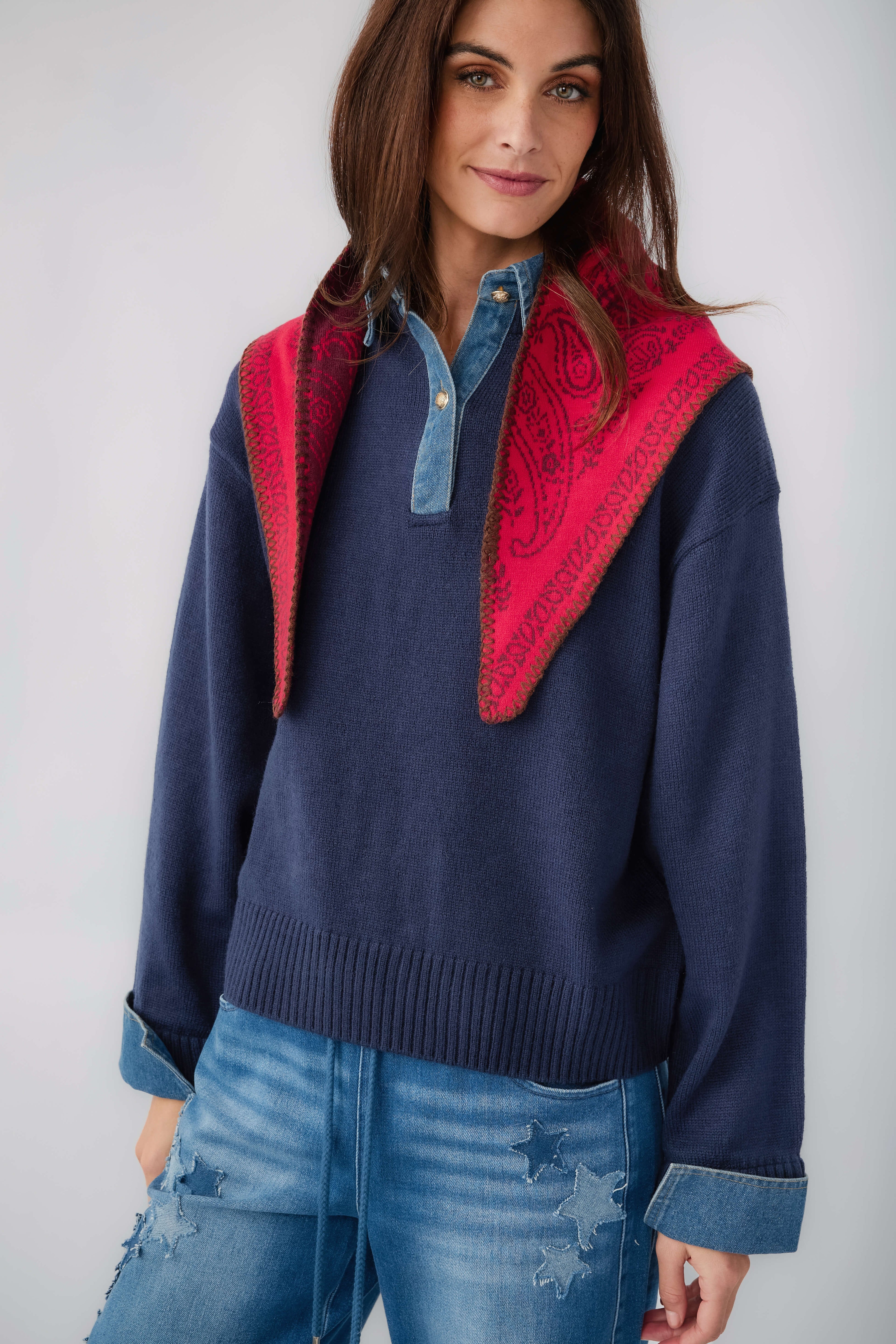 Free People knitted triangle scarf, red paisley with dark-blue top backing