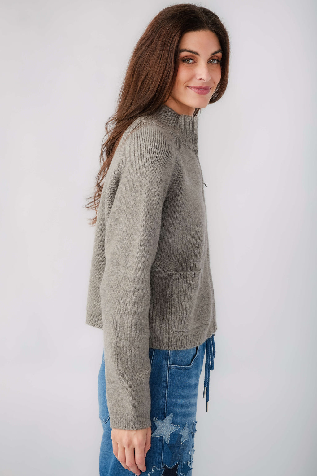 Cool grey half-zip knit sweater with ribbed collar and long sleeves