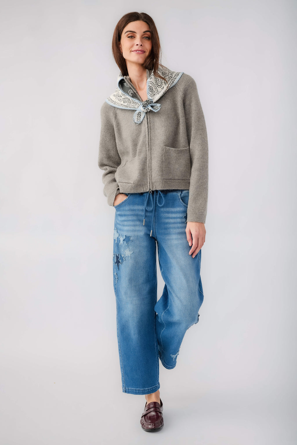Cool grey half-zip knit sweater with chest pocket and ribbed trim