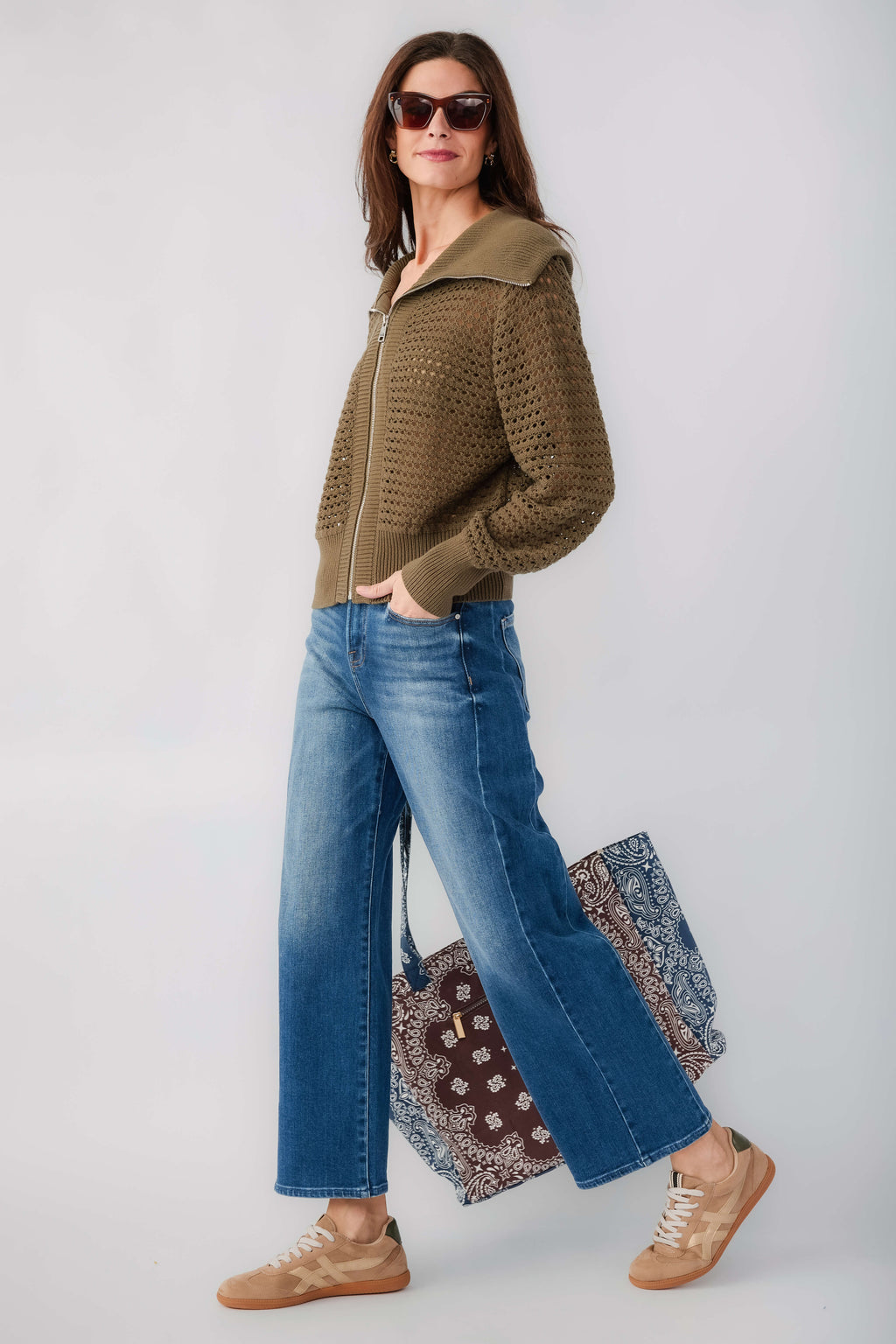 Olive collared crochet zip sweater with long sleeves, ribbed collar and cuffs