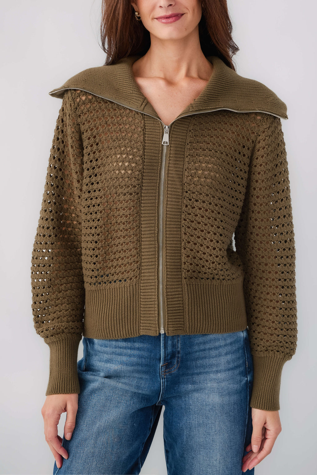 Olive collared crochet zip sweater with full front zipper and ribbed cuffs