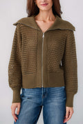 Olive collared crochet zip sweater with full front zipper and ribbed cuffs
