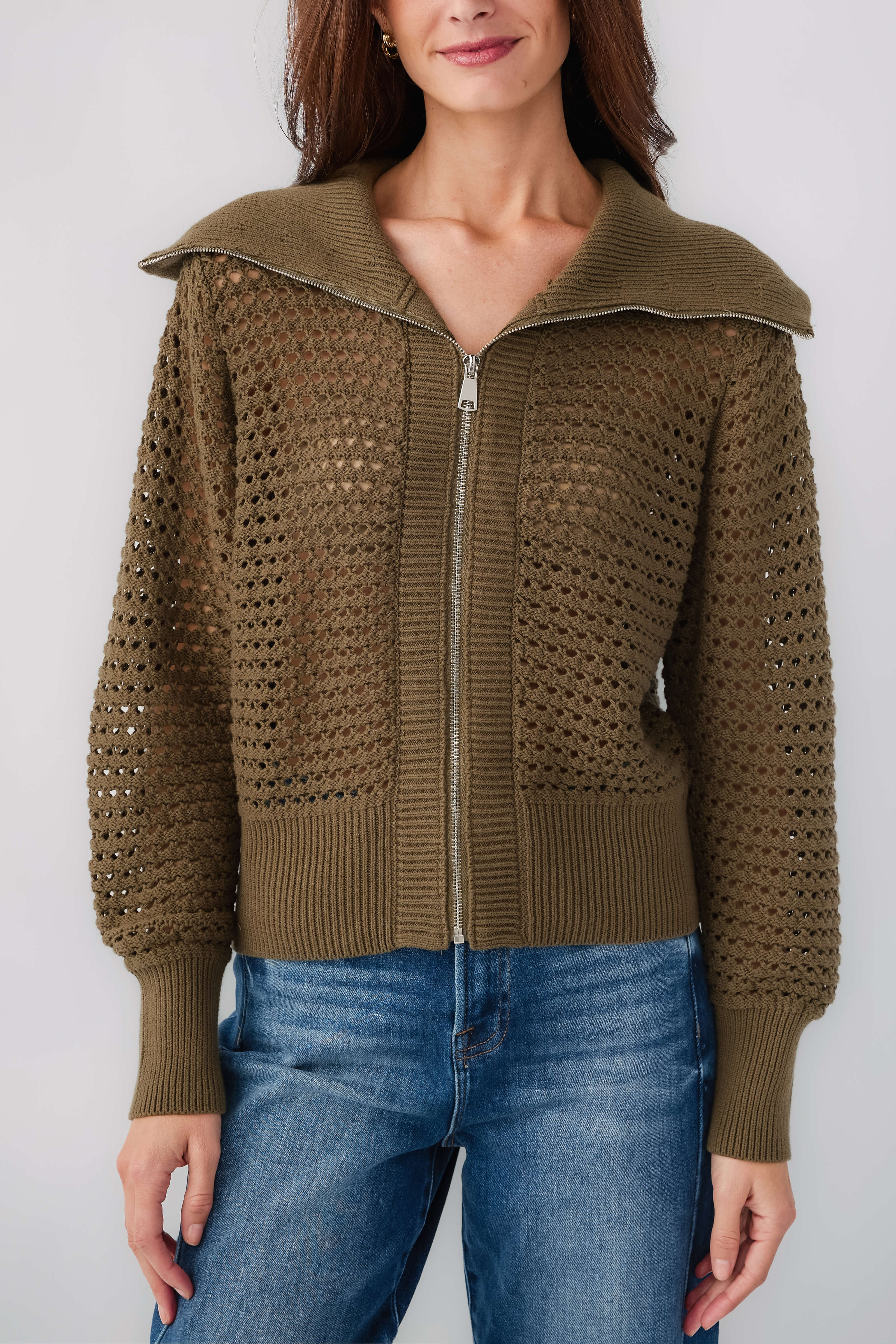 Olive collared crochet zip sweater with full front zipper and ribbed cuffs