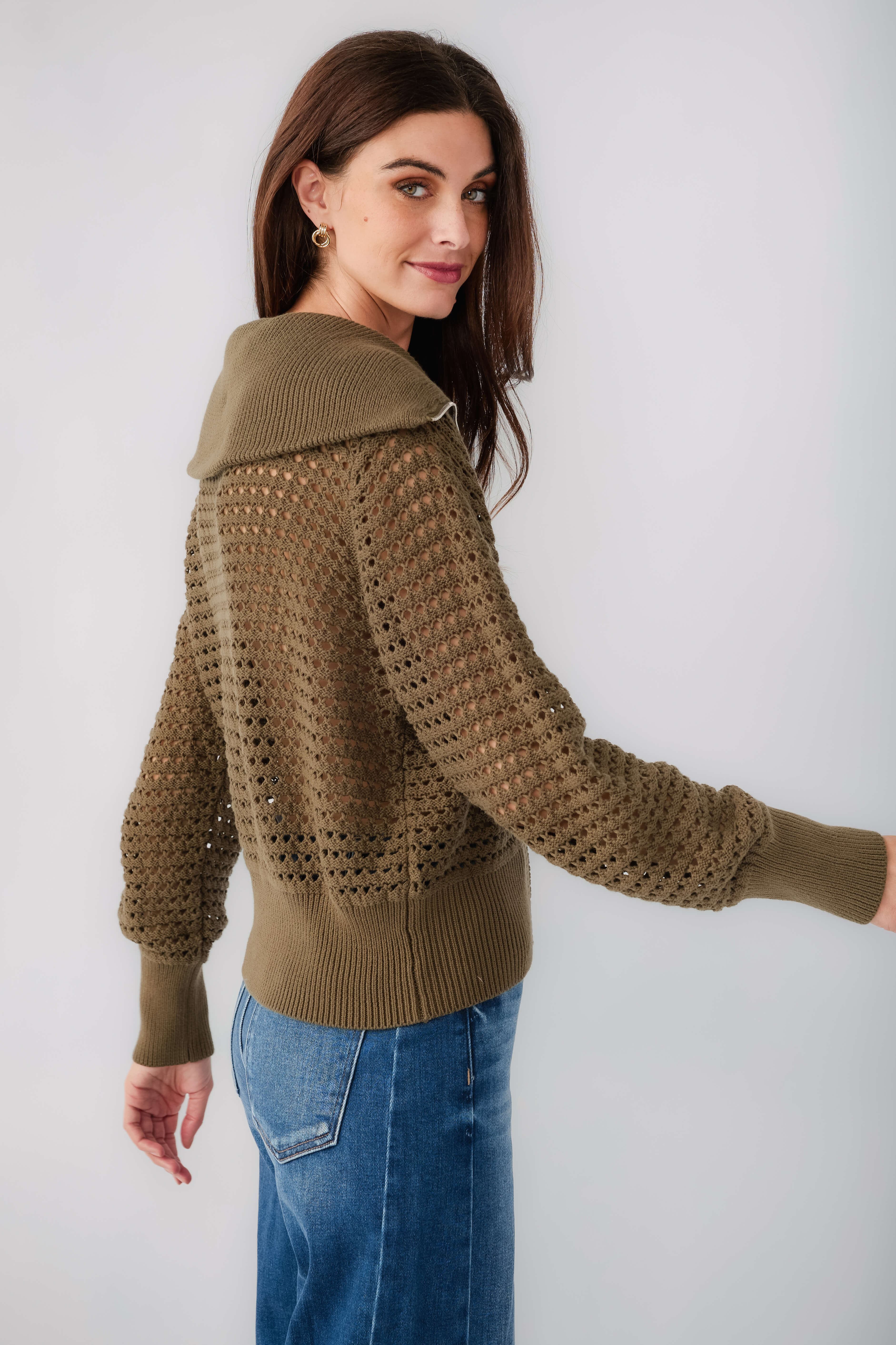Olive collared crochet zip sweater with ribbed hem and cuffs, front zip closure