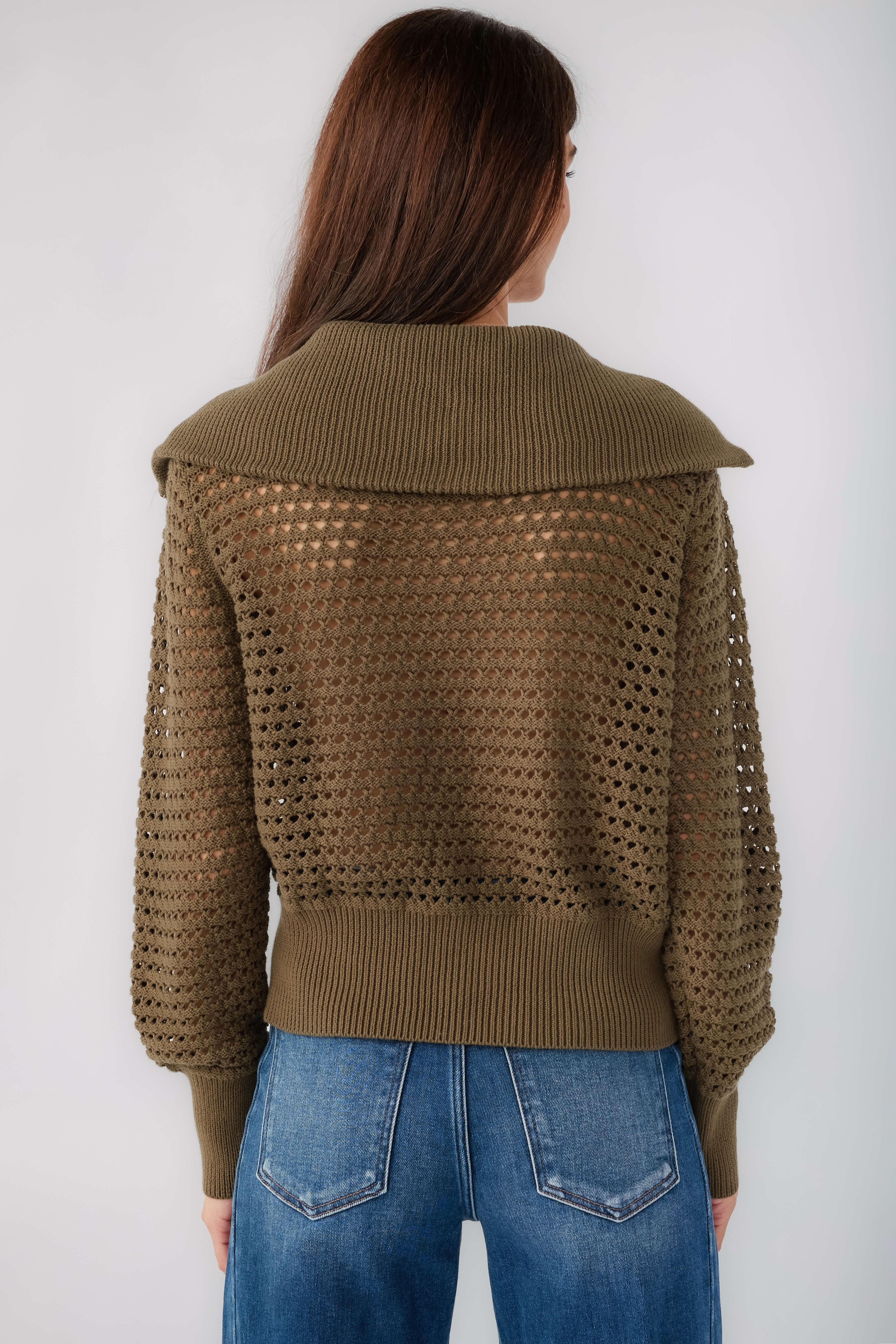 Olive collared crochet zip sweater with knit texture and ribbed back collar detail