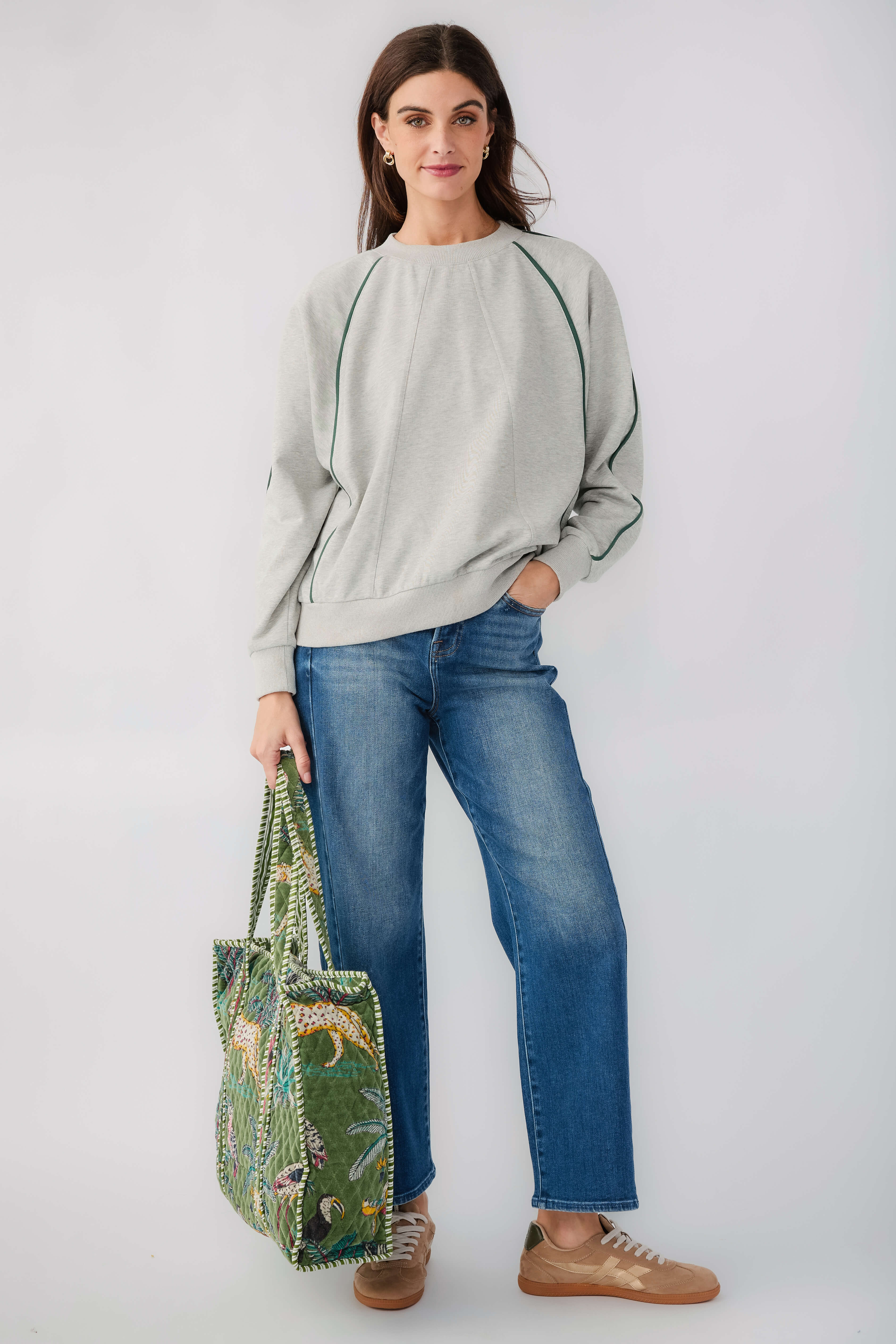 Heather grey raglan sleeve sweatshirt with contrast green piping, crew neck, long sleeves