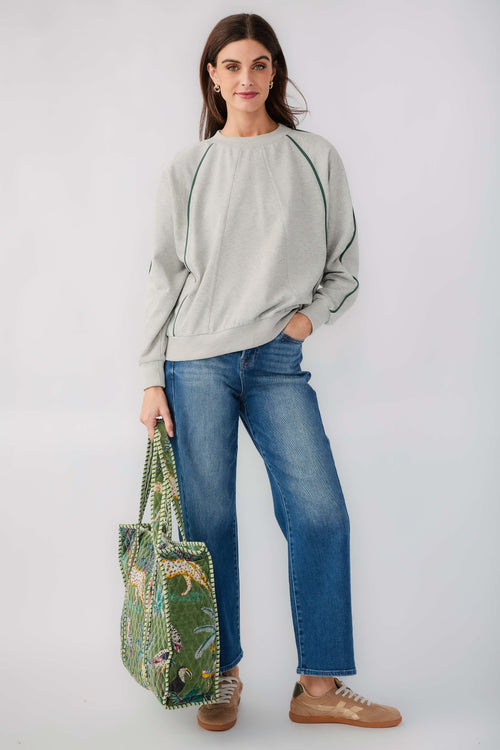 Heather grey raglan sleeve sweatshirt with contrast green piping, crew neck, long sleeves