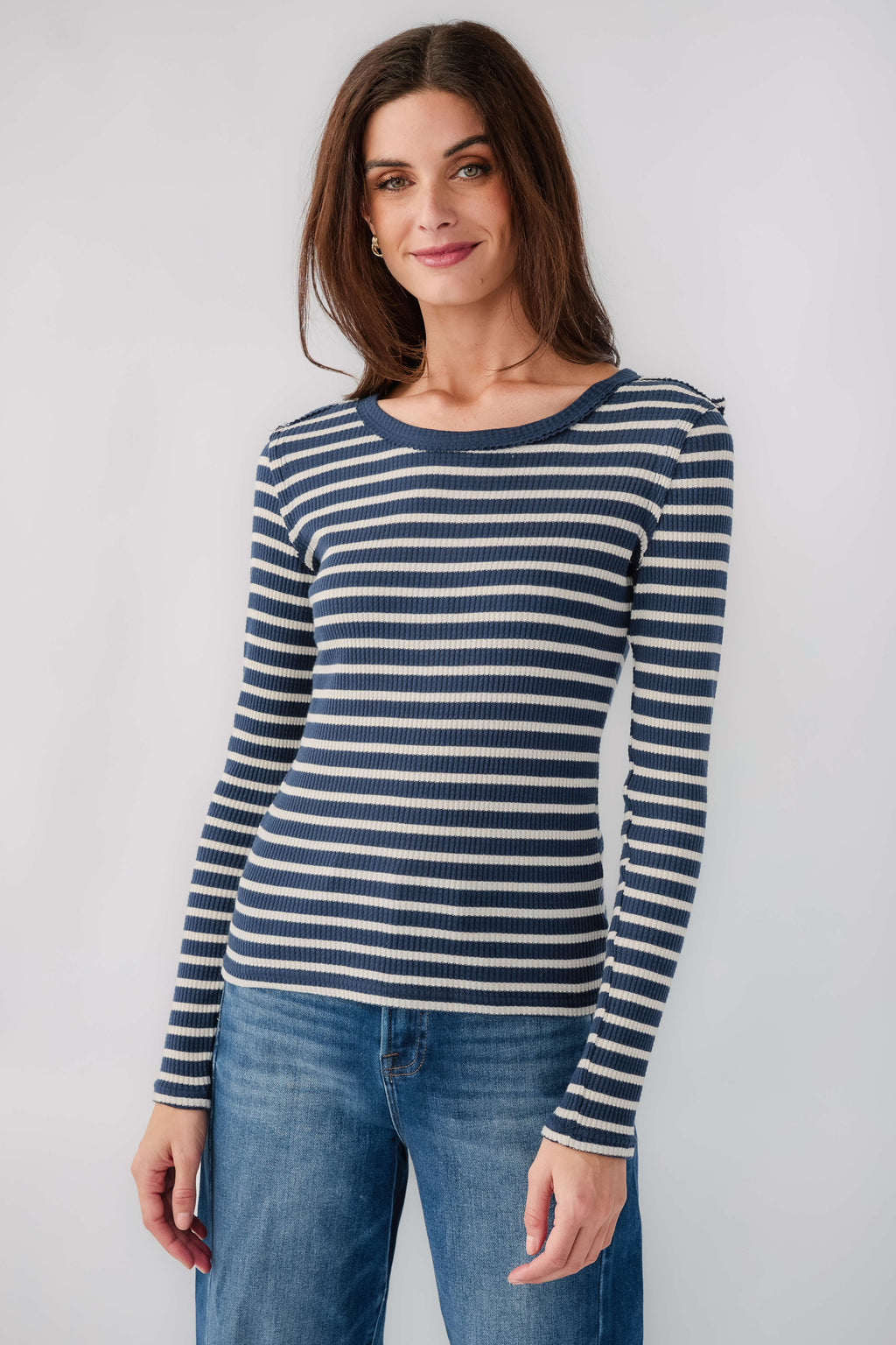 Long-sleeve striped thermal top, crew neck, navy and white horizontal stripes