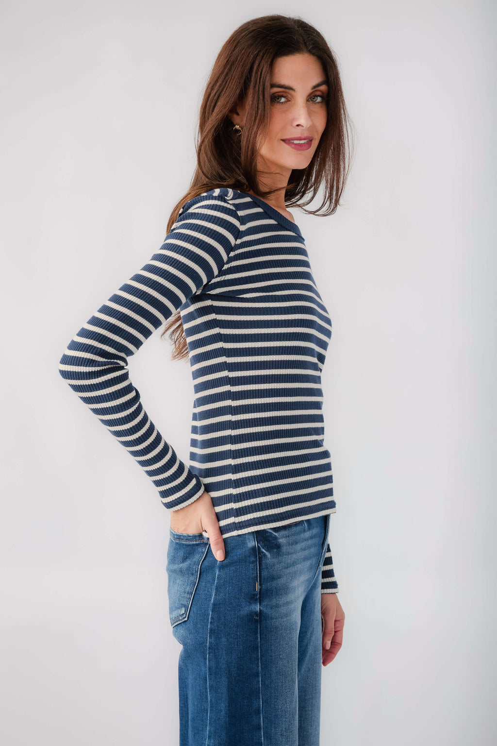 Long-sleeve striped thermal top, navy and white stripes, side view
