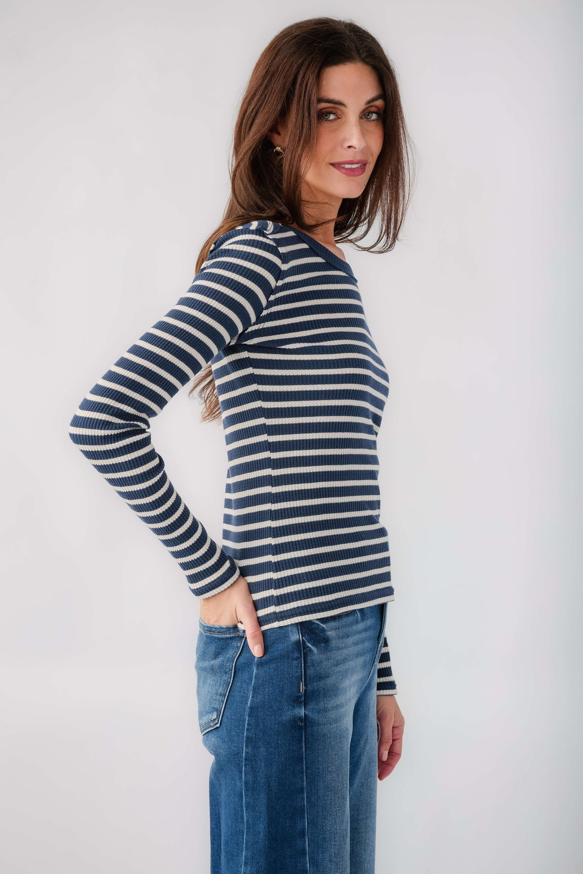 Long-sleeve striped thermal top, navy and white stripes, side view