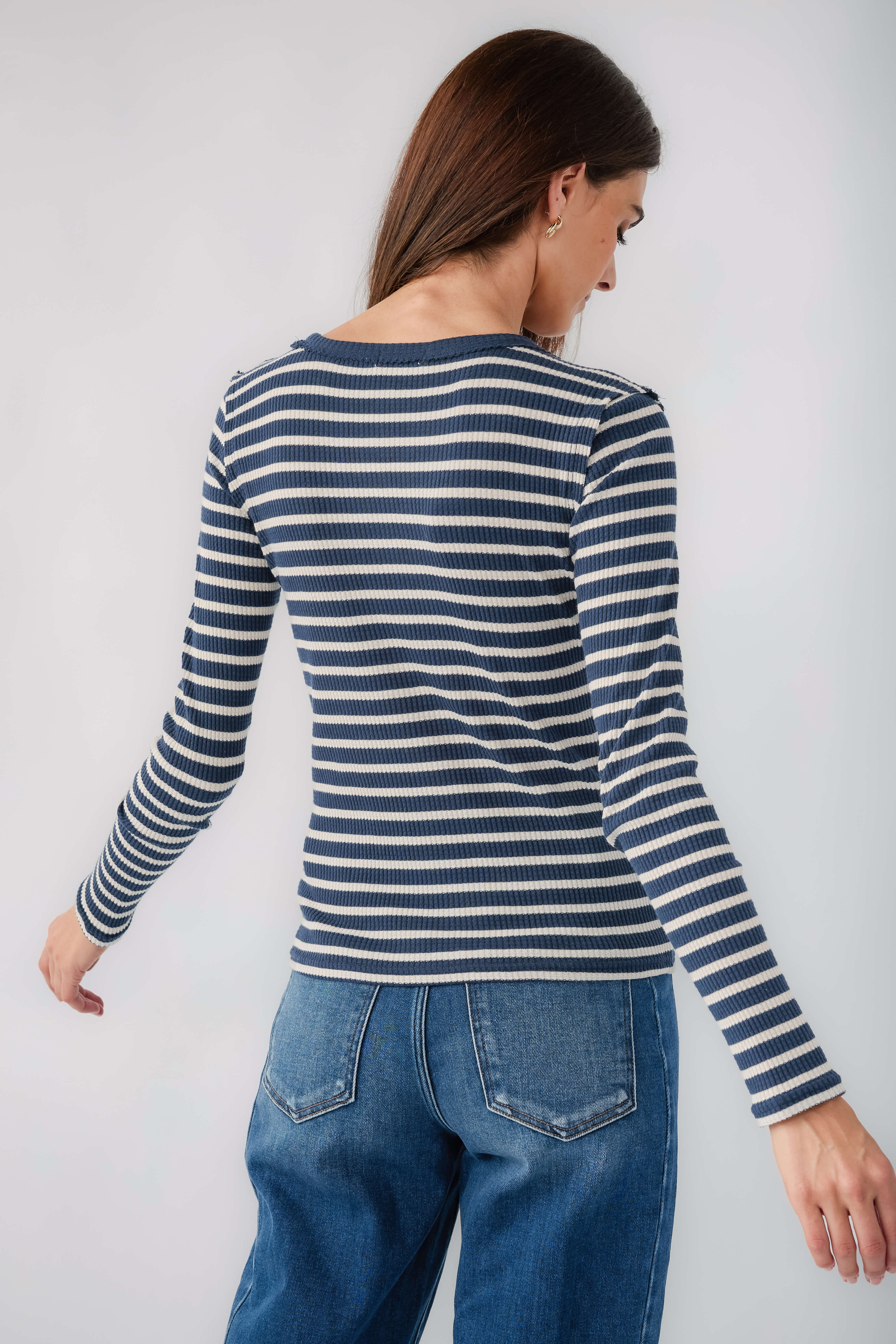 Long-sleeve striped thermal top, navy and white stripes, back view