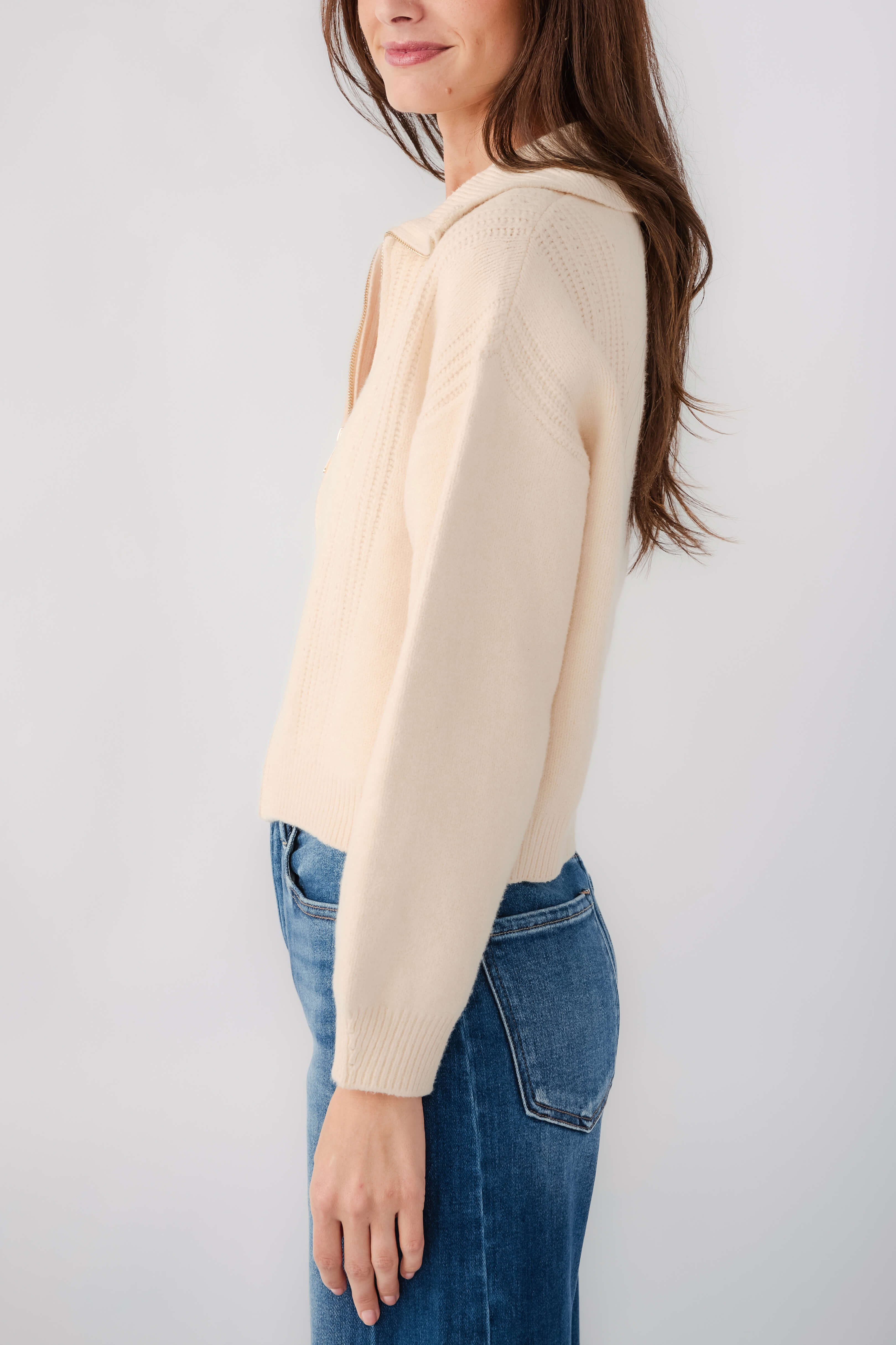 Chalk knit zip-front cardigan with ribbed cuffs, long sleeve side view